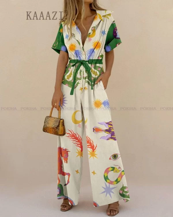 Macacão CIL com gola polo feminino,  chique solta, gráfico estampado vintage, manga curta, calça comprida casual com cordão, elegante. - Image 4