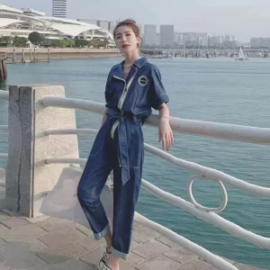 Macacão jeans de tamanho grande feminino, estilo coreano, cintura alta, roupa casual de peça única, vintage.