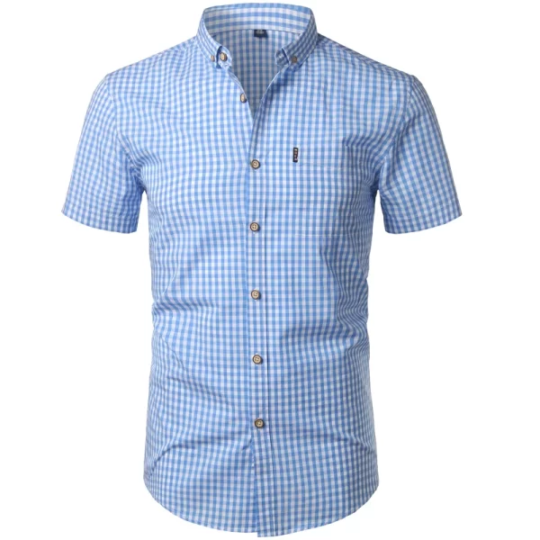 Camisa masculina, manga curta,  xadrez pequenas vermelhas, de algodão, com botão, casual, verão. - Image 8
