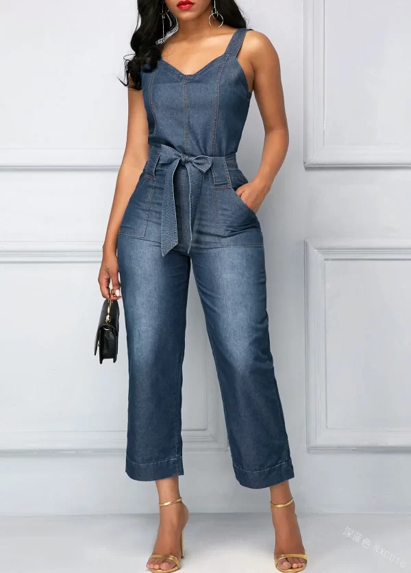 Macacão jeans feminino, slim fit, fosco, cinto branco, reto, pendulares, moda casual. - Image 6