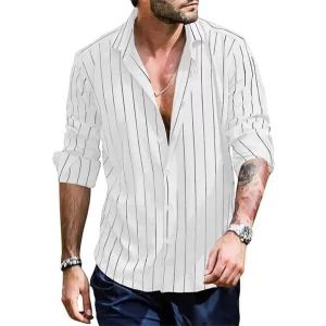Camisa masculina de lapela de manga longa listrada, streetwear monocromático, casual, primavera, outono, nova.