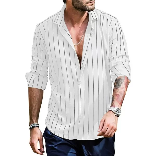 Camisa masculina de lapela de manga longa listrada, streetwear monocromático, casual, primavera, outono, nova.