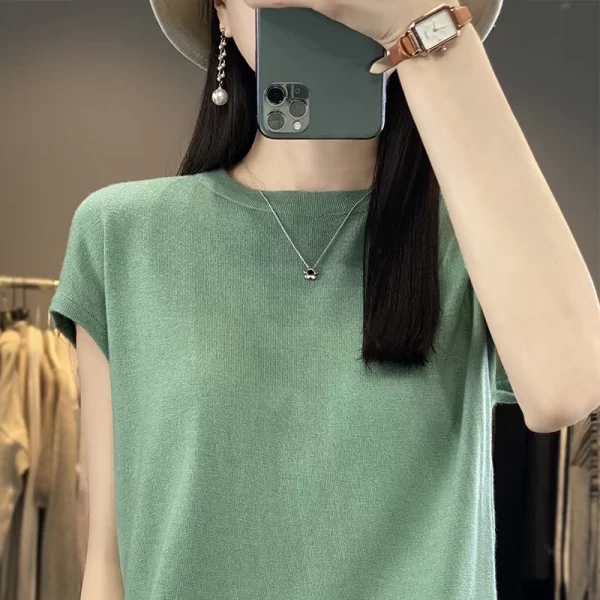 Camiseta feminina de malha de seda gelo manga curta, pulôver gola redonda, regata fina sem mangas, parte inferior casual solta - Image 2