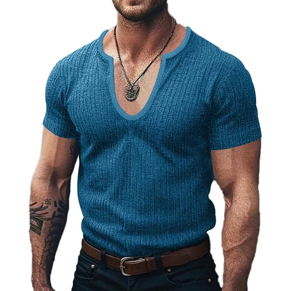 Camiseta masculina manga curta, respirável, casual, pulôver fino sólido,  com decote em U, roupa de verão, novo estilo, moda. - Image 5