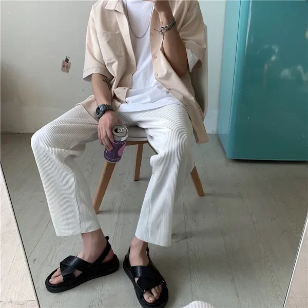 Calça casual de seda gelada masculina, streetwear, solta plissada, monocromática, moda coreana, verão. - Image 5