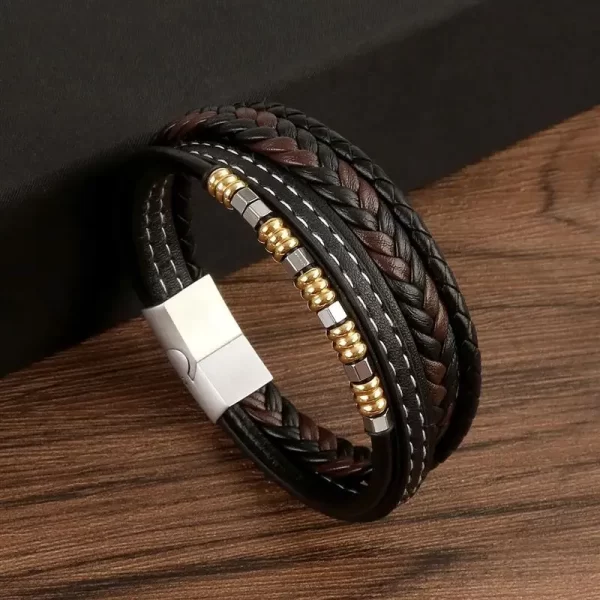 Pulseira masculina frisada de couro multicamadas, jóias clássicas, nova moda, 19 cm, 21 cm, 23cm. - Image 4