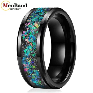 Anel unissex, Menband-de casamento, de carboneto de tungstênio preto, 8mm, com série galaxy, incrustação opala, polido, moda, conforto