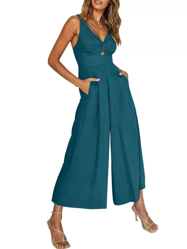 Macacão de cintura alta com decote em v feminino, sem costas, oco, sem mangas, elegante, perna larga, sexy, novo. - Image 11