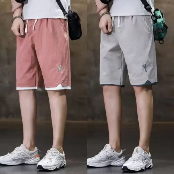 Bermuda masculina,  de bolso, de seda gelo clássico, fino, solto, cordão para cintura, moda casual, verão. - Image 4