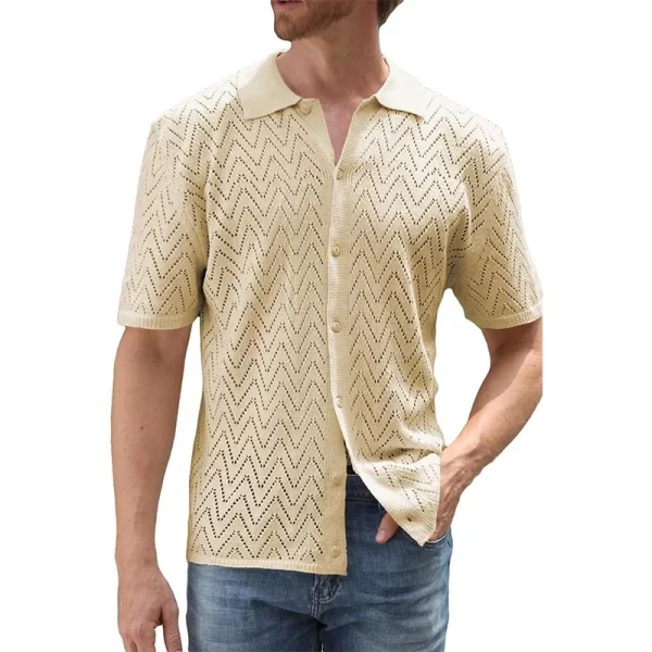 Camisa masculina, manga curta, de malha oca casual respirável, lapela abotoada, de praia, primavera, verão, cor sólida. - Image 7