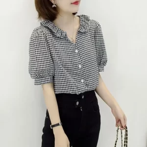 Camisa feminina manga curta xadrez preta xadrez preta, tops,  elegantes, bonita.