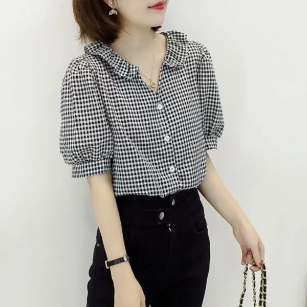Camisa feminina manga curta xadrez preta xadrez preta, tops,  elegantes, bonita.