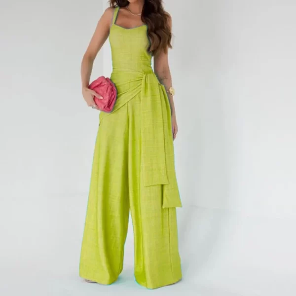 Macacão longo com cadarço de cintura feminino, elegante sem mangas, monocromático de festa,  casual solto, moda, verão. - Image 8