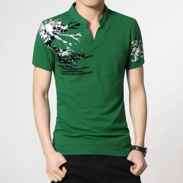 Camiseta masculina, carta, estampada, com gola Henry, mangas curtas, tops retos soltos, camisetas plus size, verão, M-5XL. - Image 2