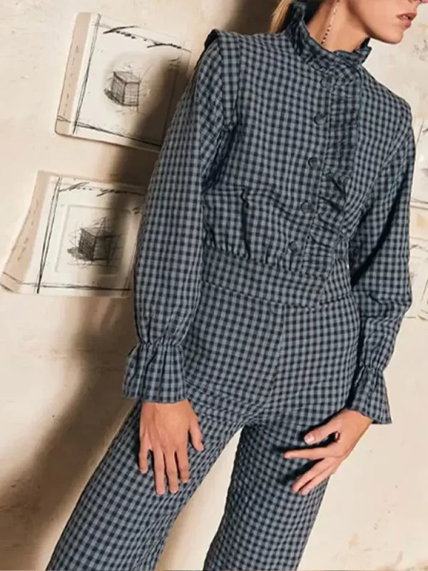 Macacão xadrez, elegante, feminino, de babados, manga longa, meia gola alta, camisa de peito único, calça reta, bolso. - Image 5