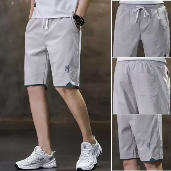 Bermuda masculina,  de bolso, de seda gelo clássico, fino, solto, cordão para cintura, moda casual, verão. - Image 6