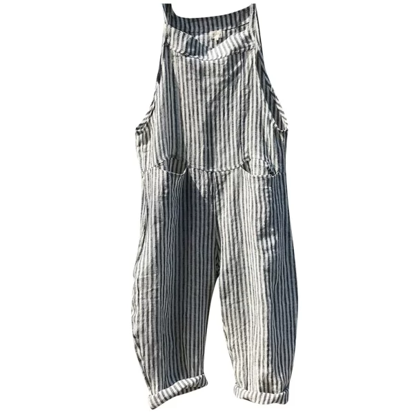 Macacão Listrado impressão Casual feminino, Perna larga Big Pocket Verão, sem mangas, Tornozelo Comprimento geral Streetwear Combinaison. - Image 9