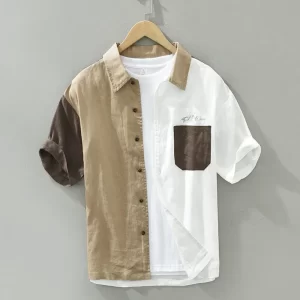 Camisa masculina, manga curta de linho patchwork, casual streetwear, respire roupas estilo japonês