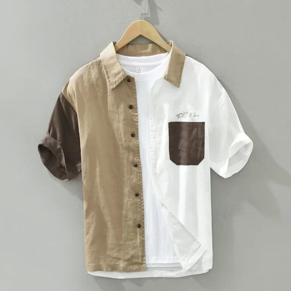 Camisa masculina, manga curta de linho patchwork, casual streetwear, respire roupas estilo japonês