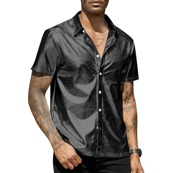 Camisa masculina, manga curta com botão e lapela brilhante, tops monocromáticos, de boate, moda festa, verão. - Image 8