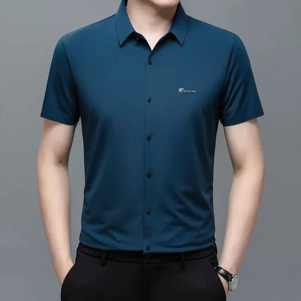 Camisa masculina, manga curta,  gola virada para baixo, tops soltos, sem engomar, sem costura, respirável, negócio, casual, high-end, moda. - Image 3