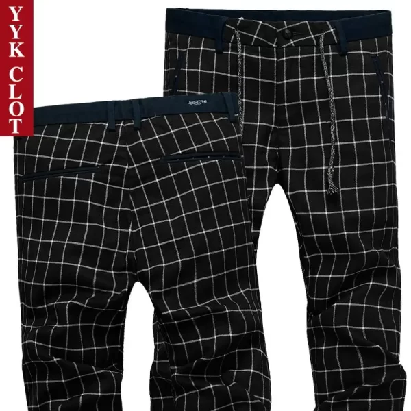 Calça xadrez masculina, casual, streetwear,  de linho, slim fit,, preto. - Image 9