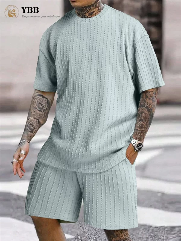 Conjunto de camiseta e shorts de manga curta masculino, listra sólida, casuais de ginástica, streetwear, nova moda, primavera, verão, 2 peças. - Image 5
