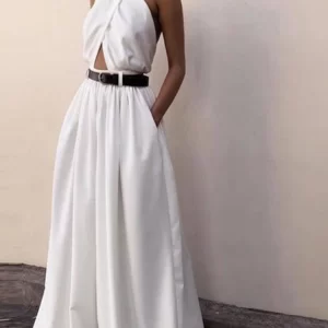 Macacão feminino de perna larga, branco e magro, calça comprida,  sem costas, macacão sexy, verão.