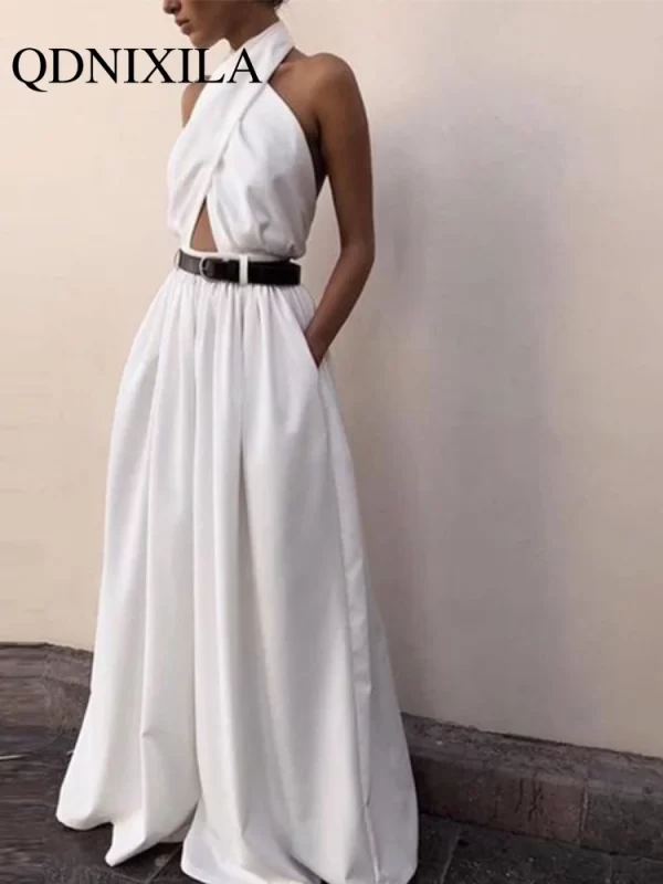 Macacão feminino de perna larga, branco e magro, calça comprida,  sem costas, macacão sexy, verão.