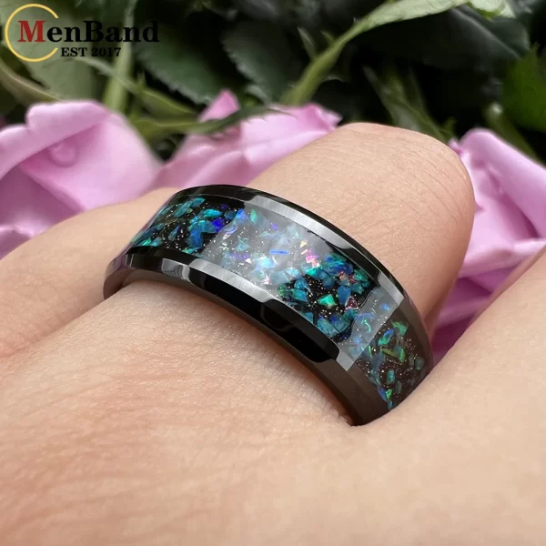 Anel unissex, Menband-de casamento, de carboneto de tungstênio preto, 8mm, com série galaxy, incrustação opala, polido, moda, conforto - Image 5