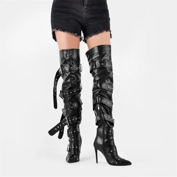 Botas vermelhas sobre o joelho unissex, lgbtqia+, botas agulha alta para coxa, dedo apontado, alça de fivela, salto alto fino, zíper. - Image 5