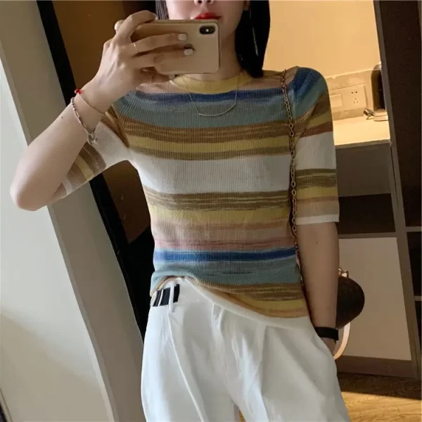 Camiseta, Pulôver de malha listrada feminino, camisola moderna, tops de crochê, em promoção, tendência, novo. - Image 8