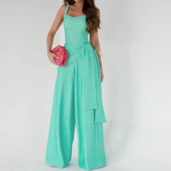 Macacão longo com cadarço de cintura feminino, elegante sem mangas, monocromático de festa,  casual solto, moda, verão. - Image 2