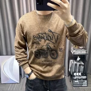 Camiseta de manga comprida estampada masculina, tendência casual, decote em O coreano, secagem rápida, blusa solta respirável, de verão, nova, outono.