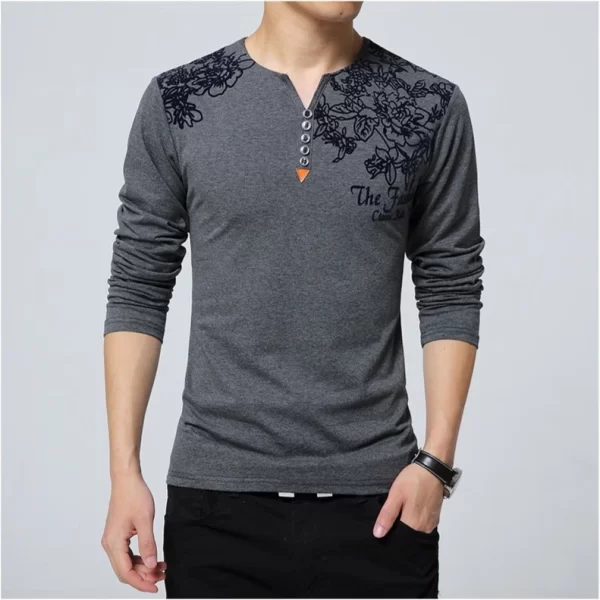 Camiseta manga longa masculina, com estampa floral, colar Henry, botão decora, tops masculinos, plus size, 5XL, moda outono. - Image 8