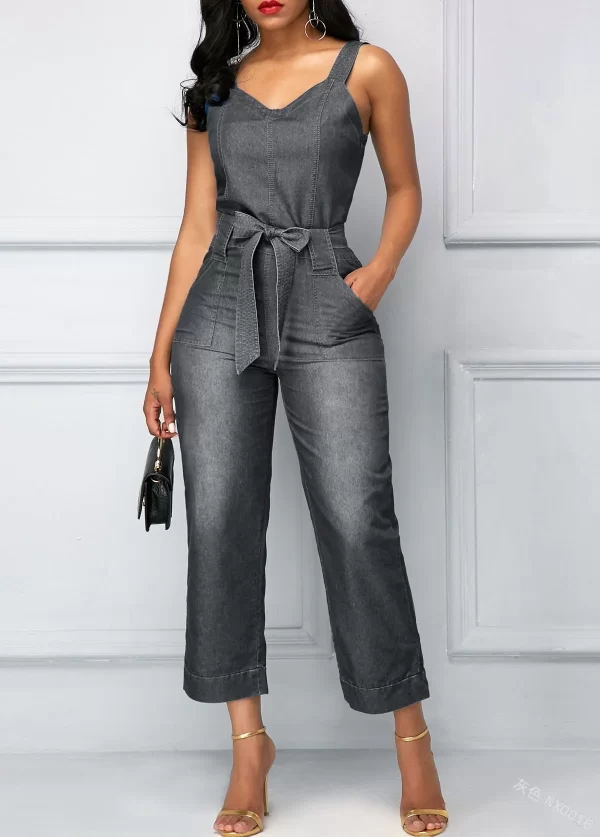 Macacão jeans feminino, slim fit, fosco, cinto branco, reto, pendulares, moda casual. - Image 7