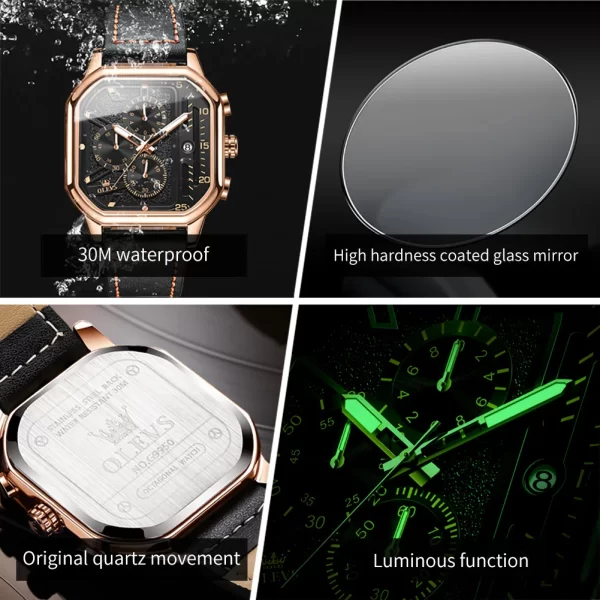 Relógio de pulso quartzo masculino, OLEVS-com Pulseira de Couro, Cronógrafo, Relógio, Impermeável, Luminoso, Mostrador, Vestido, 42mm - Image 2