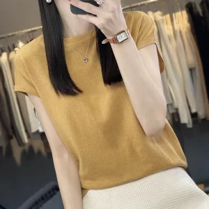 Camiseta feminina de malha de seda gelo manga curta, pulôver gola redonda, regata fina sem mangas, parte inferior casual solta