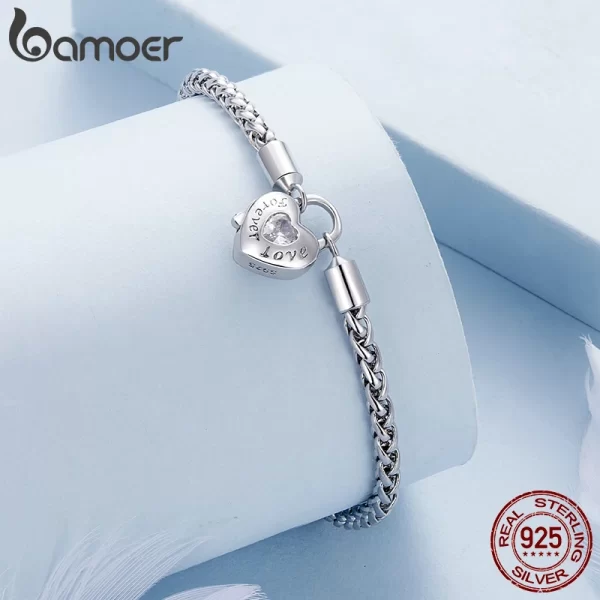 Pulseira básica de prata esterlina feminina, Bamoer, Bloqueio do Coração, Amor Para Sempre, Cadeia Chapeada, Platina, Presente Elegante, Joias Finas - Image 2