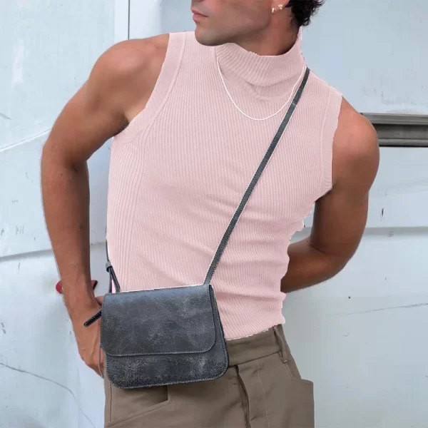 Camiseta regata masculina, Colete de gola alta vintage com nervuras, tops finos sem mangas, casuais, monocromáticas, primavera, verão - Image 3