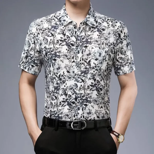 Camisa masculina, manga curta, Streetwear, Camisas Floral Pretas Y2k Verão Secagem Rápida Nuvem Sorte Novo Feriado Casual Lapela Loose Top. - Image 5
