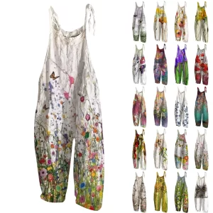 Macacão vintage sem mangas feminino, harém geral,  com alças, de linho, moda verão.