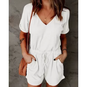 Macacão com bolsos feminino, com bolsos, decote em v, manga curta, shorts casuais, calça jogger, verão.