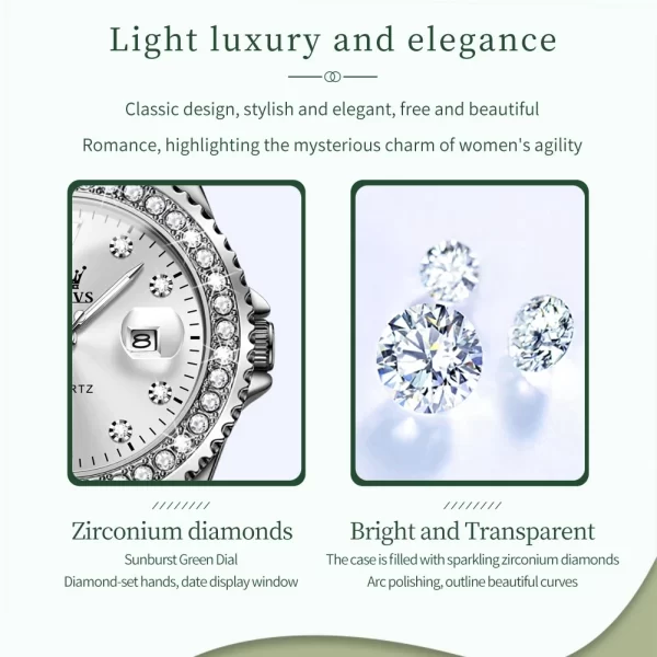 Relógio de pulso feminino, OLEVS Original Diamond Dial Quartz Watch, Moda Elegante,  De Aço Inoxidável À Prova D 'Água. - Image 2