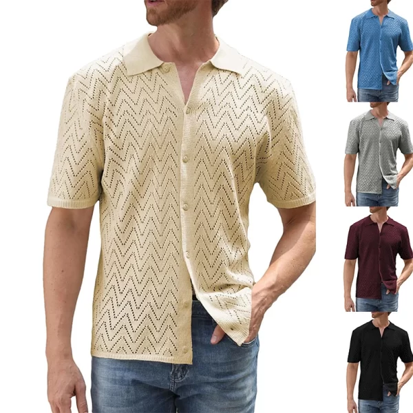Camisa masculina, manga curta, de malha oca casual respirável, lapela abotoada, de praia, primavera, verão, cor sólida. - Image 6