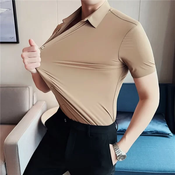 Camisa masculina, manga curta,  casual, alta elasticidade, sem costura, luxo, negócio, vestido formal, social, alta qualidade. - Image 5