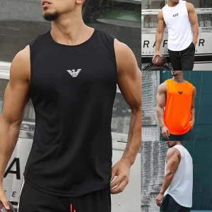 Camiseta regata masculina respirável de musculação, de ginástica, sem mangas, estampa de marca, esportes, basquete, treinamento, verão.