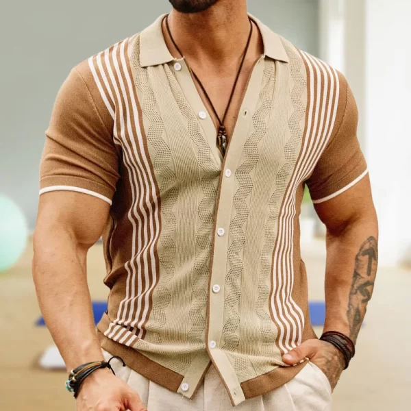 Camisa masculina, manga curta,  casual de malha fina de seda gelo, retalho listrado malha camisas, lapela abotoada vintage, moda, verão. - Image 4