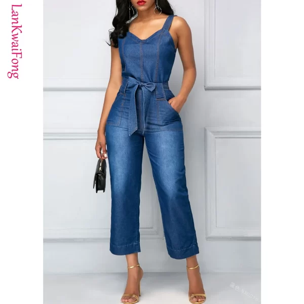 Macacão jeans feminino, slim fit, fosco, cinto branco, reto, pendulares, moda casual. - Image 2