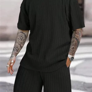Conjunto de camiseta e shorts de manga curta masculino, listra sólida, casuais de ginástica, streetwear, nova moda, primavera, verão, 2 peças.